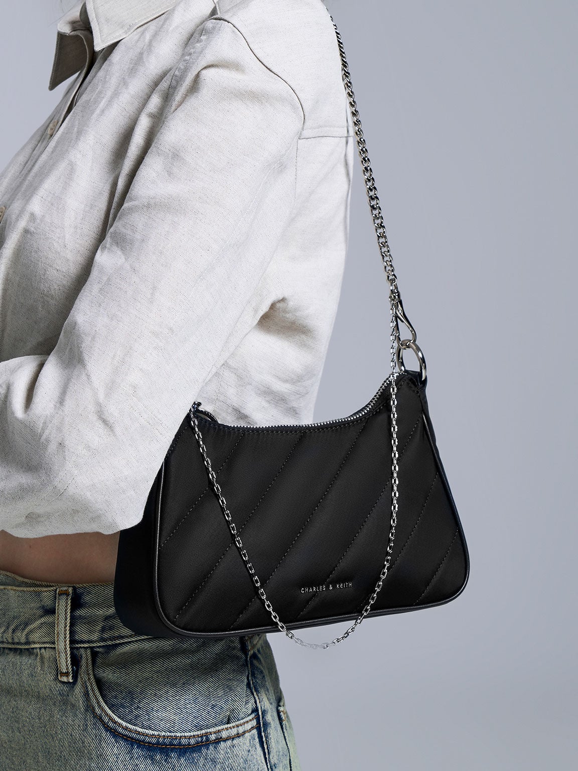CHARLES & KEITH Great Value | Philomena Nylon Puffy Chain-Strap Crossbody Bag - Noir