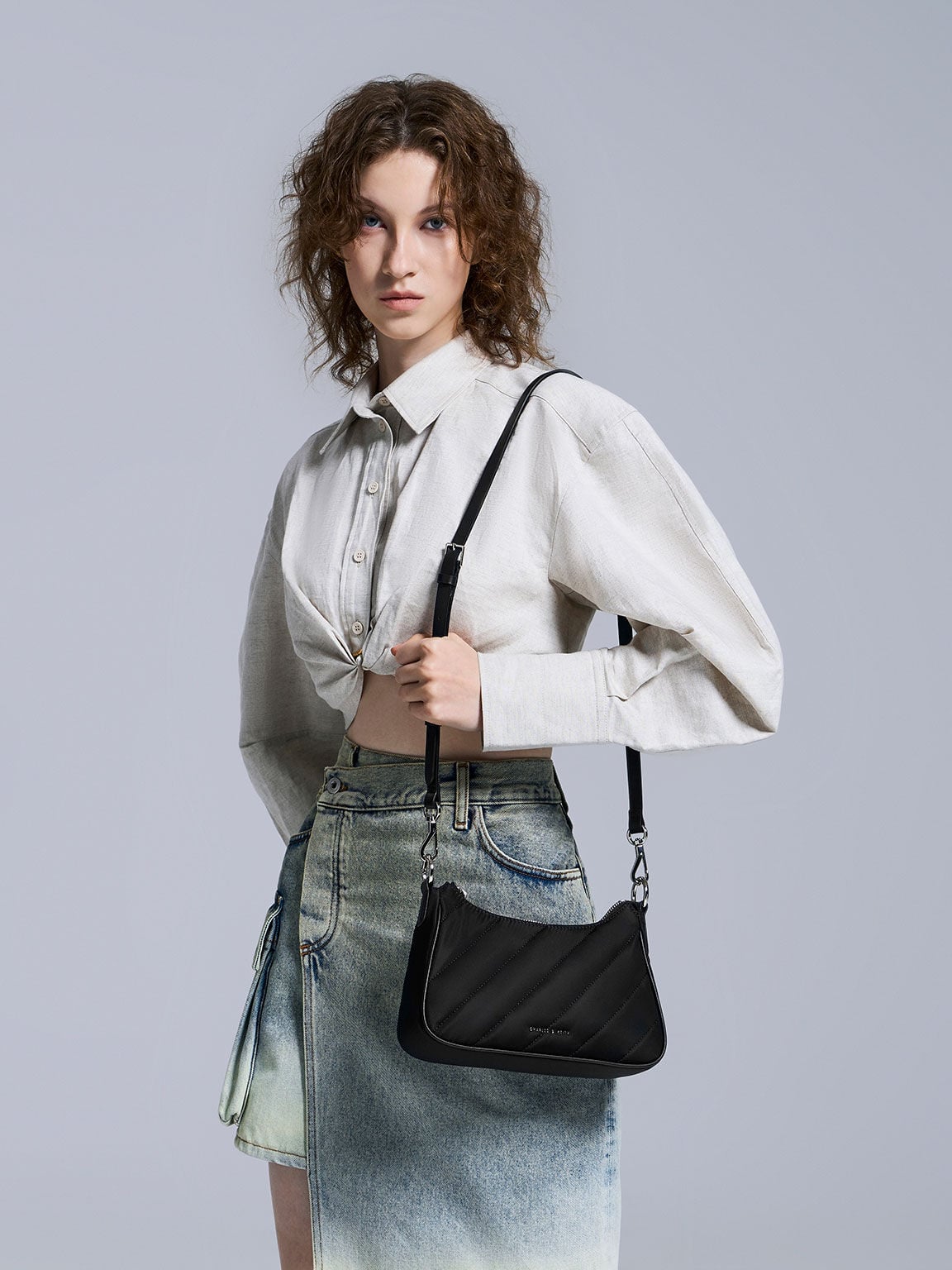 CHARLES & KEITH Great Value | Philomena Nylon Puffy Chain-Strap Crossbody Bag - Noir