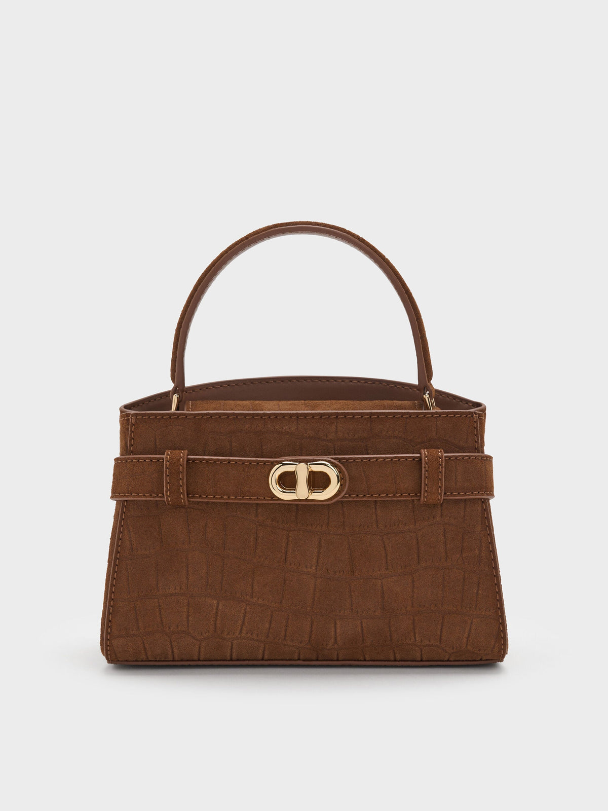 CHARLES & KEITH Premium | Aubrielle Croc-Effect Belted Top Handle Bag - Chocolate