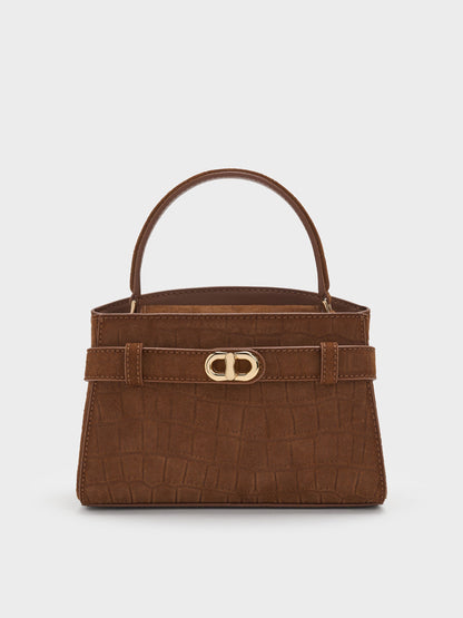 CHARLES & KEITH Premium | Aubrielle Croc-Effect Belted Top Handle Bag - Chocolate