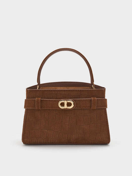 CHARLES & KEITH Premium | Aubrielle Croc-Effect Belted Top Handle Bag - Chocolate