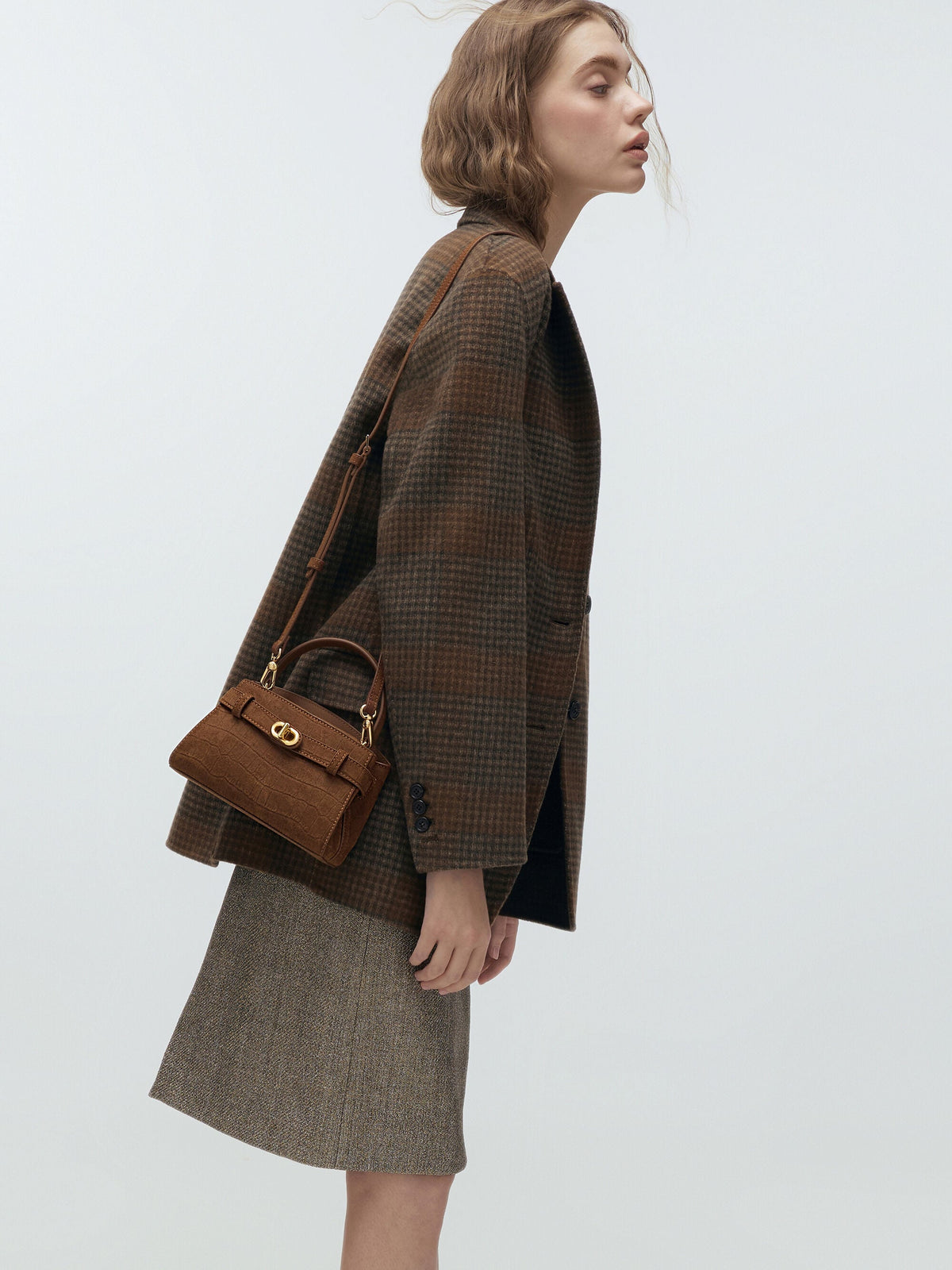 CHARLES & KEITH Premium | Aubrielle Croc-Effect Belted Top Handle Bag - Chocolate