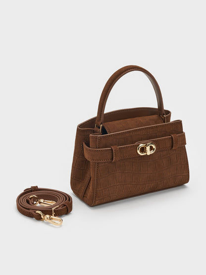 CHARLES & KEITH Premium | Aubrielle Croc-Effect Belted Top Handle Bag - Chocolate