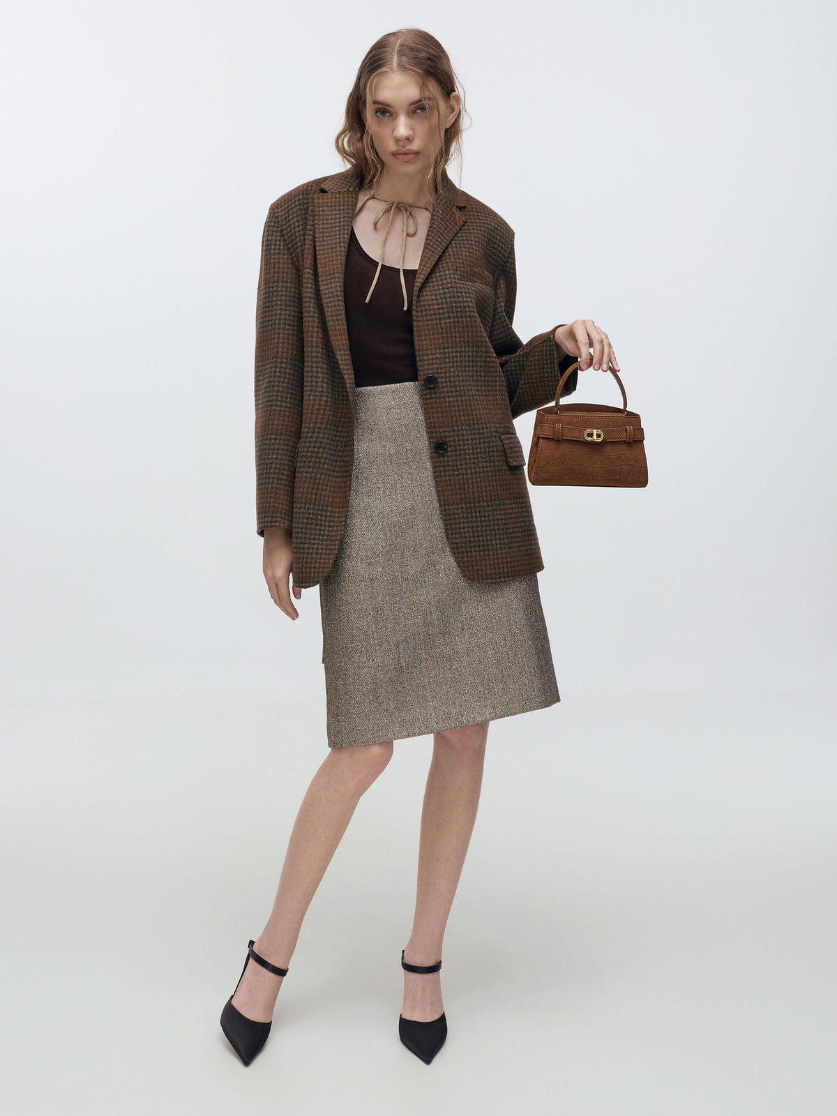 CHARLES & KEITH Premium | Aubrielle Croc-Effect Belted Top Handle Bag - Chocolate