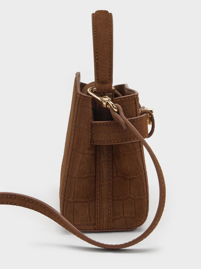 CHARLES & KEITH Premium | Aubrielle Croc-Effect Belted Top Handle Bag - Chocolate