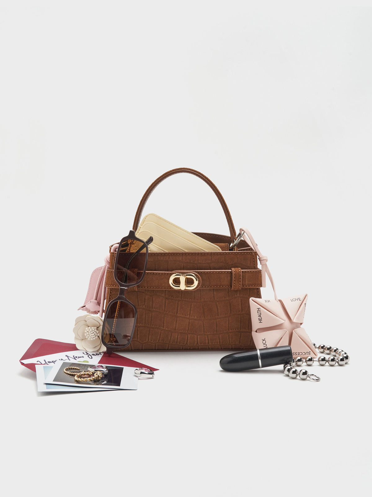CHARLES & KEITH Premium | Aubrielle Croc-Effect Belted Top Handle Bag - Chocolate