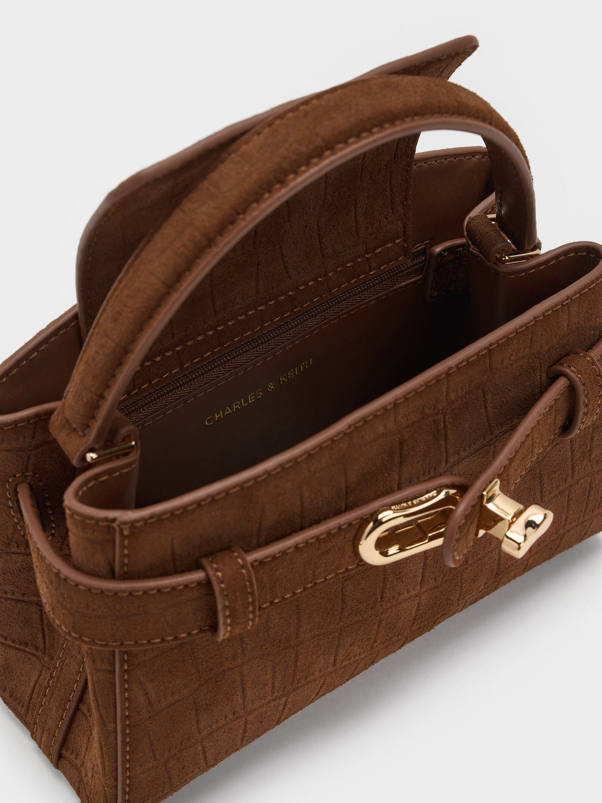 CHARLES & KEITH Premium | Aubrielle Croc-Effect Belted Top Handle Bag - Chocolate