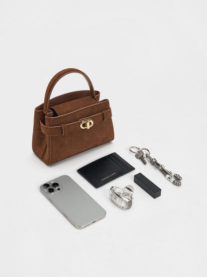 CHARLES & KEITH Premium | Aubrielle Croc-Effect Belted Top Handle Bag - Chocolate