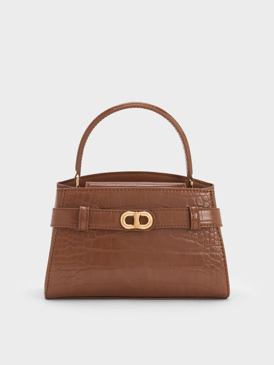 CHARLES & KEITH Special Offer | Aubrielle Croc-Effect Belted Top Handle Bag - Chocolate Croco