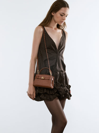 CHARLES & KEITH Special Offer | Aubrielle Croc-Effect Belted Top Handle Bag - Chocolate Croco