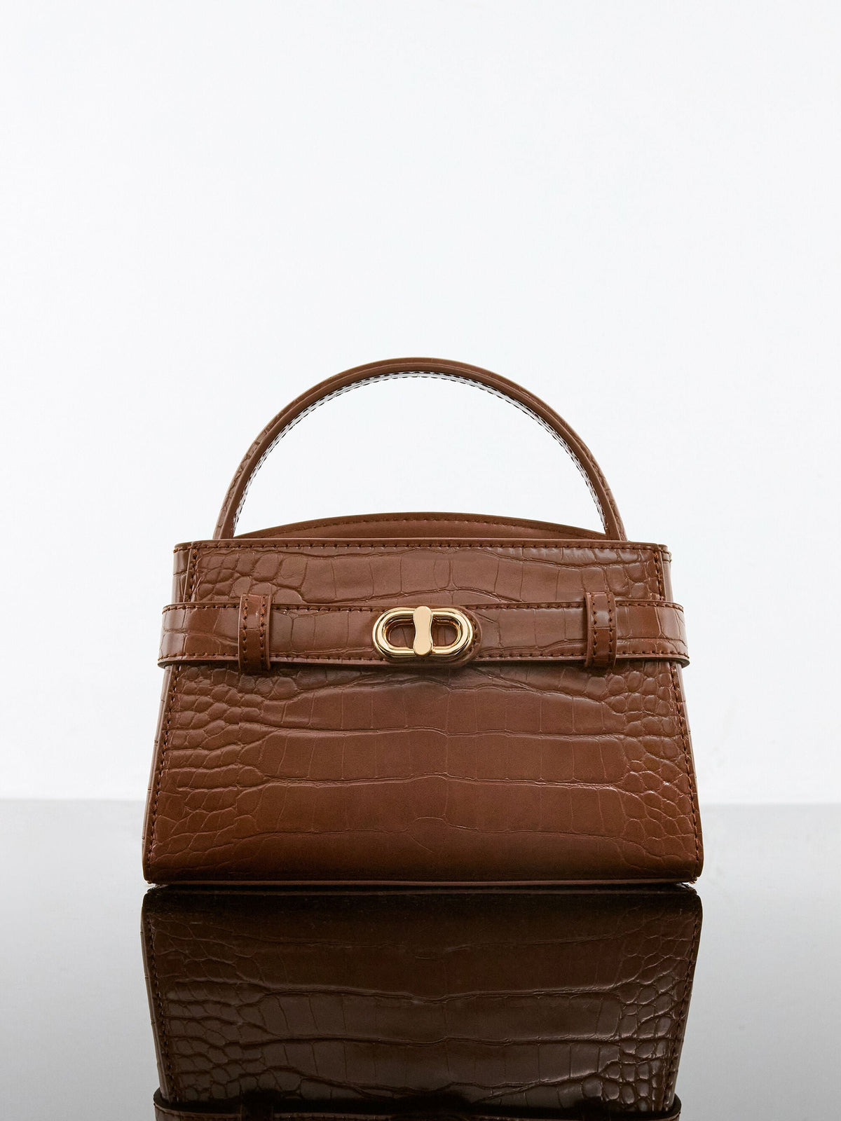 CHARLES & KEITH Special Offer | Aubrielle Croc-Effect Belted Top Handle Bag - Chocolate Croco