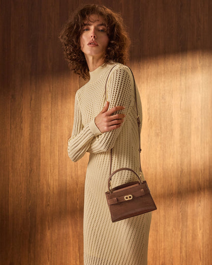 CHARLES & KEITH Special Offer | Aubrielle Croc-Effect Belted Top Handle Bag - Chocolate Croco