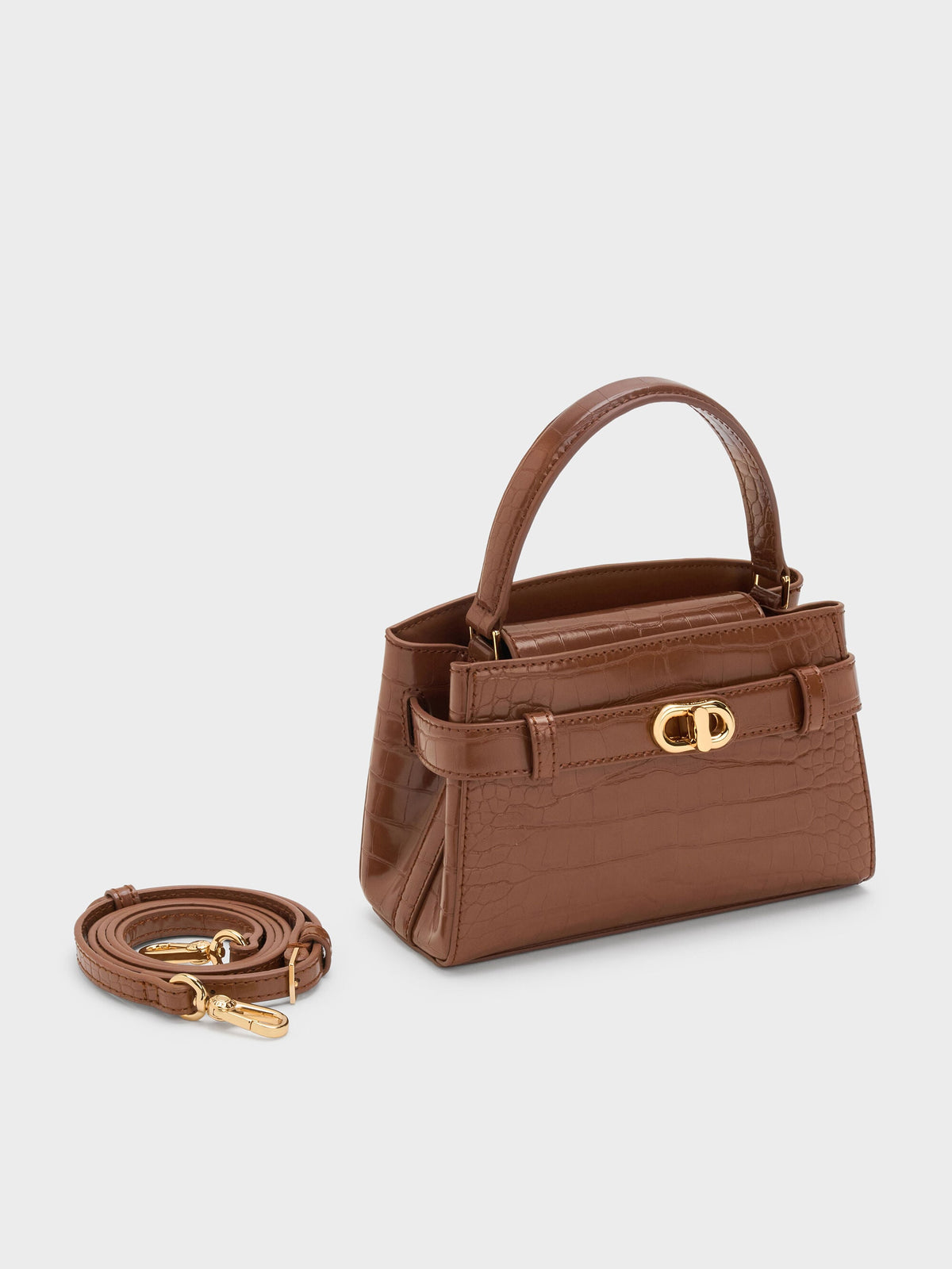 CHARLES & KEITH Special Offer | Aubrielle Croc-Effect Belted Top Handle Bag - Chocolate Croco
