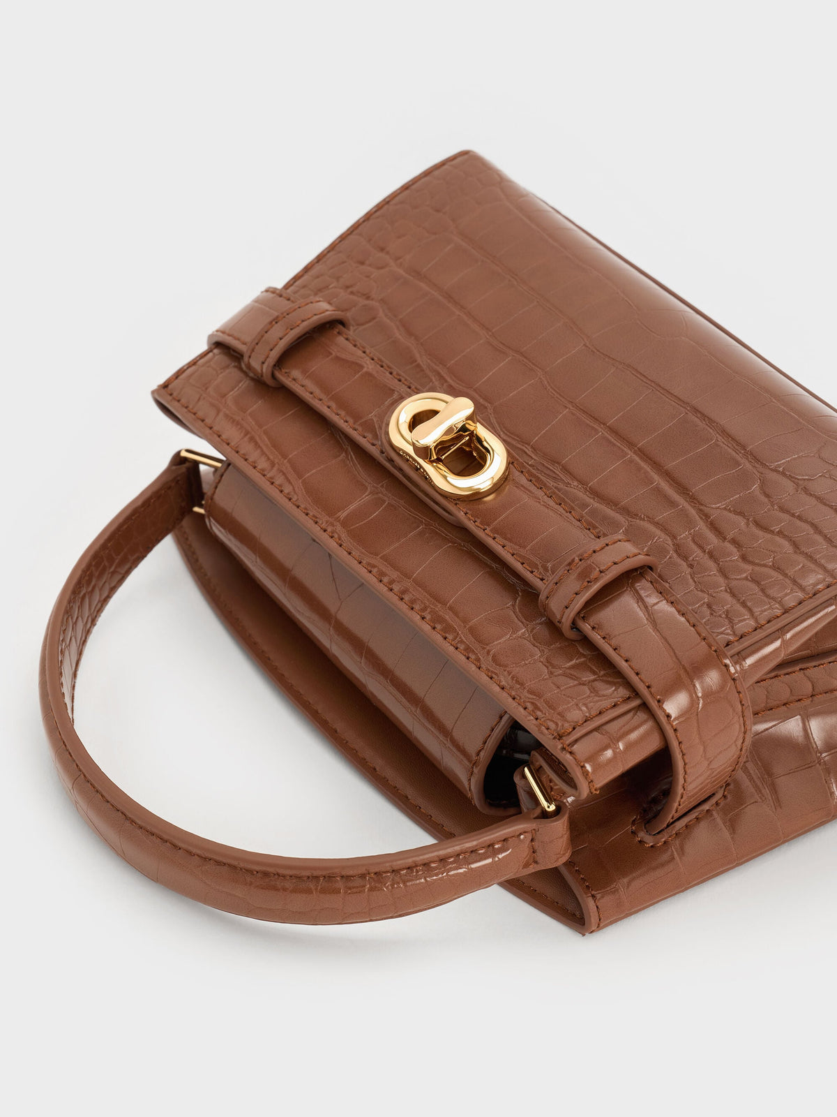 CHARLES & KEITH Special Offer | Aubrielle Croc-Effect Belted Top Handle Bag - Chocolate Croco