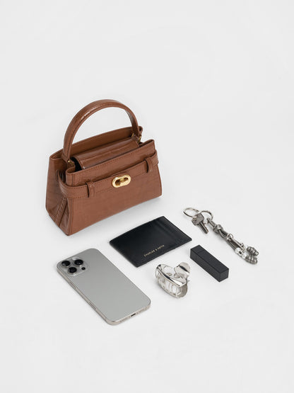 CHARLES & KEITH Special Offer | Aubrielle Croc-Effect Belted Top Handle Bag - Chocolate Croco