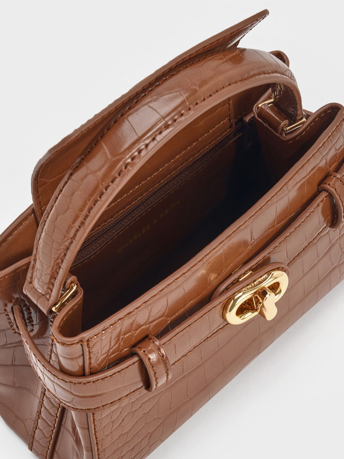 CHARLES & KEITH Special Offer | Aubrielle Croc-Effect Belted Top Handle Bag - Chocolate Croco
