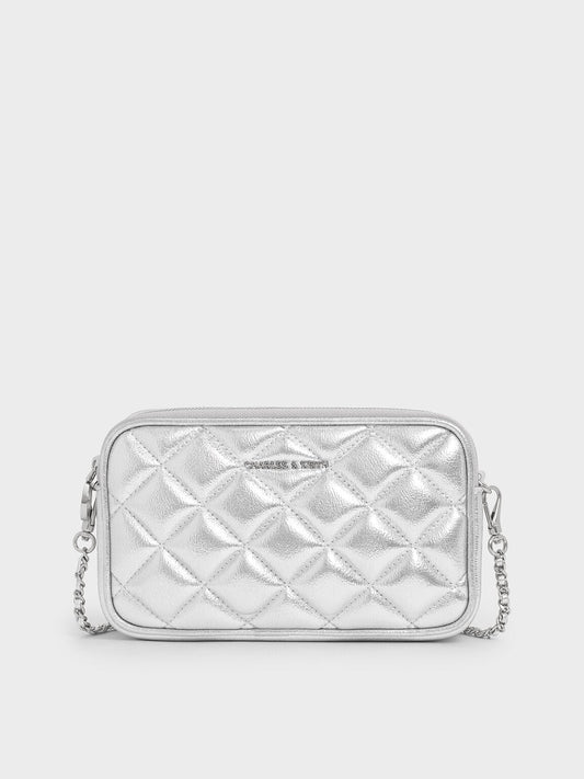 CHARLES & KEITH Featured | Mini Apfra Quilted Crossbody Bag - Silver