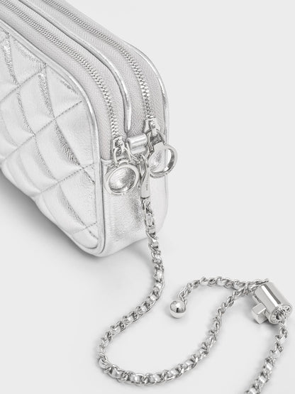 CHARLES & KEITH Featured | Mini Apfra Quilted Crossbody Bag - Silver