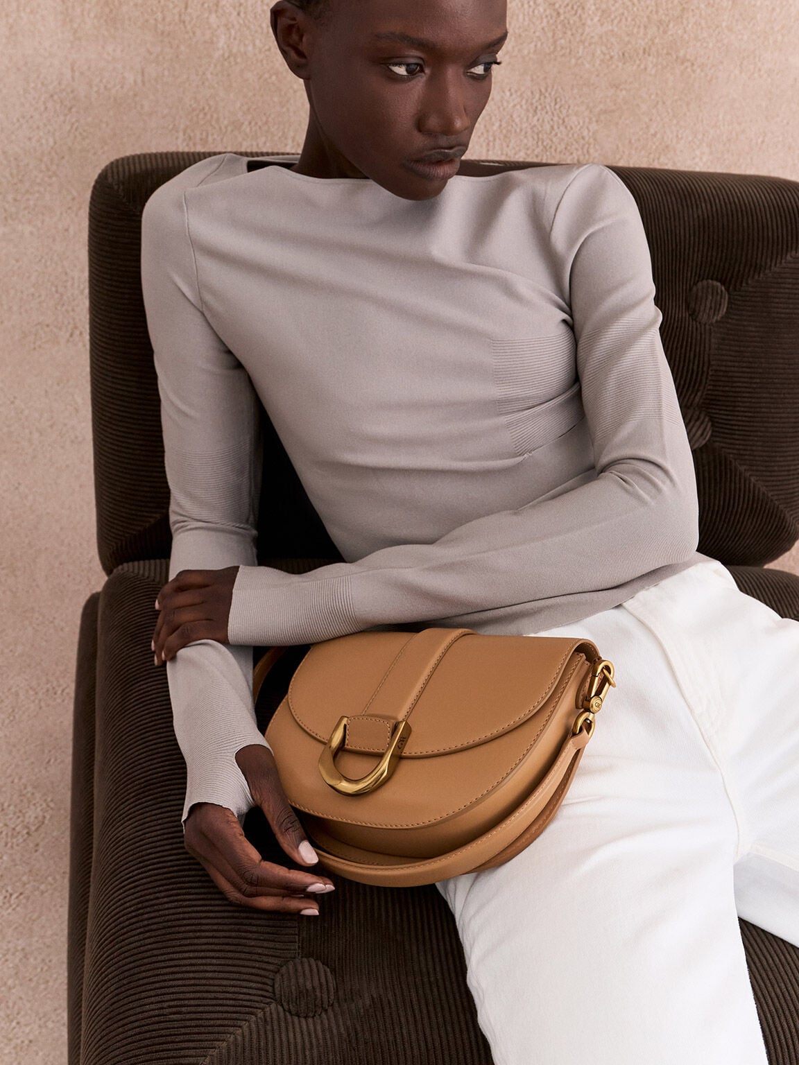 CHARLES & KEITH Sale | Gabine Leather Saddle Bag - Toffee