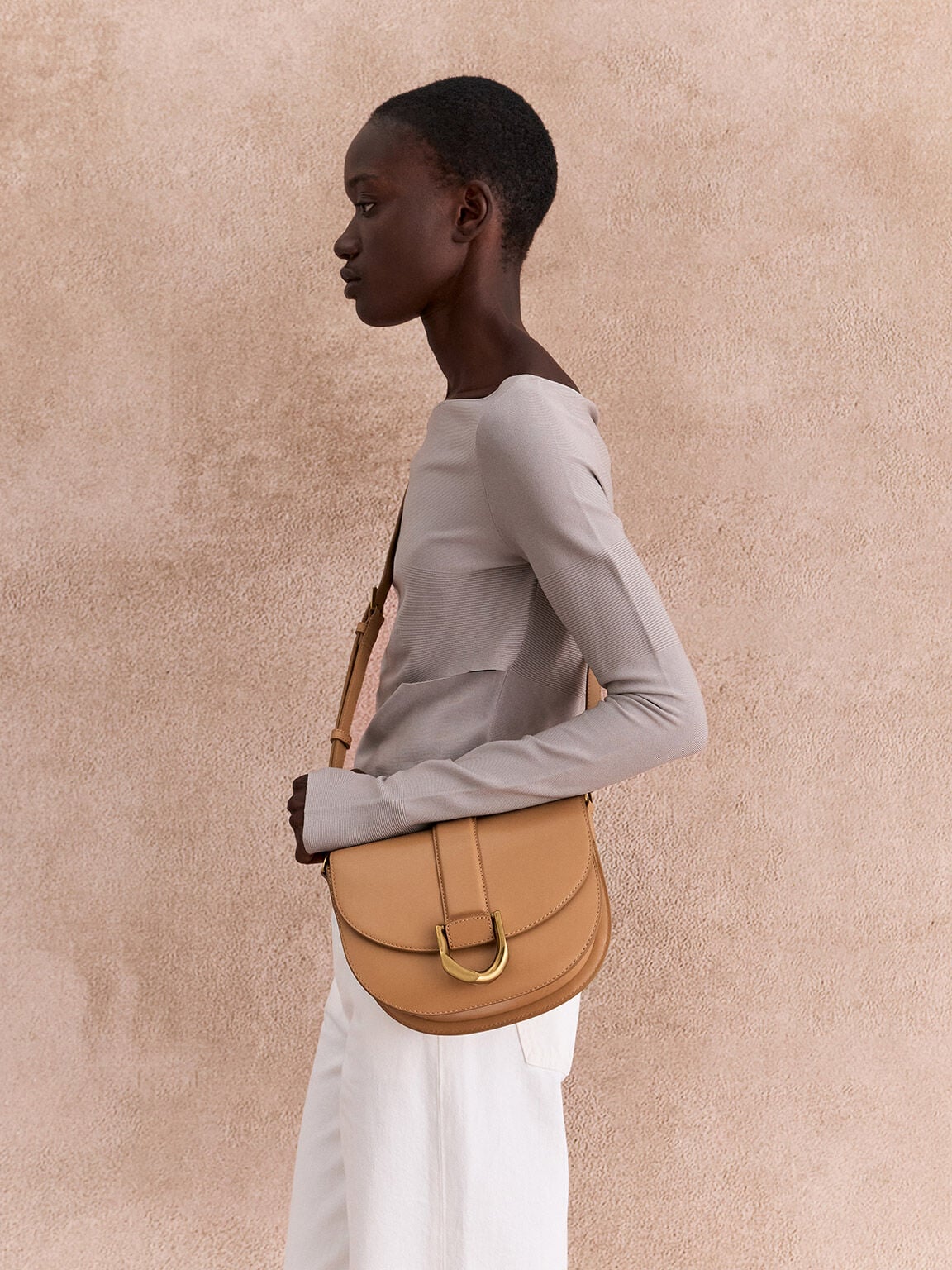 CHARLES & KEITH Sale | Gabine Leather Saddle Bag - Toffee