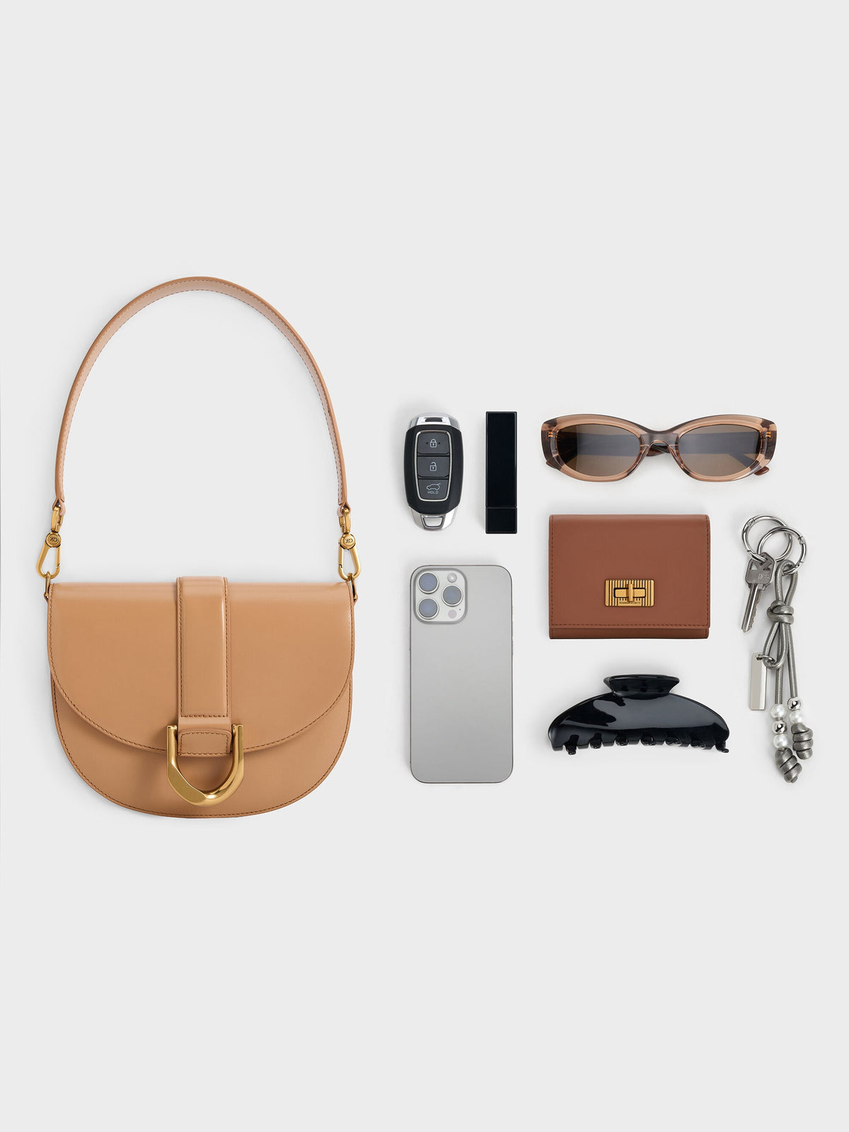 CHARLES & KEITH Sale | Gabine Leather Saddle Bag - Toffee