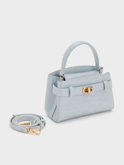 CHARLES & KEITH Value | Aubrielle Croc-Effect Belted Top Handle Bag - Sea Salt Blue