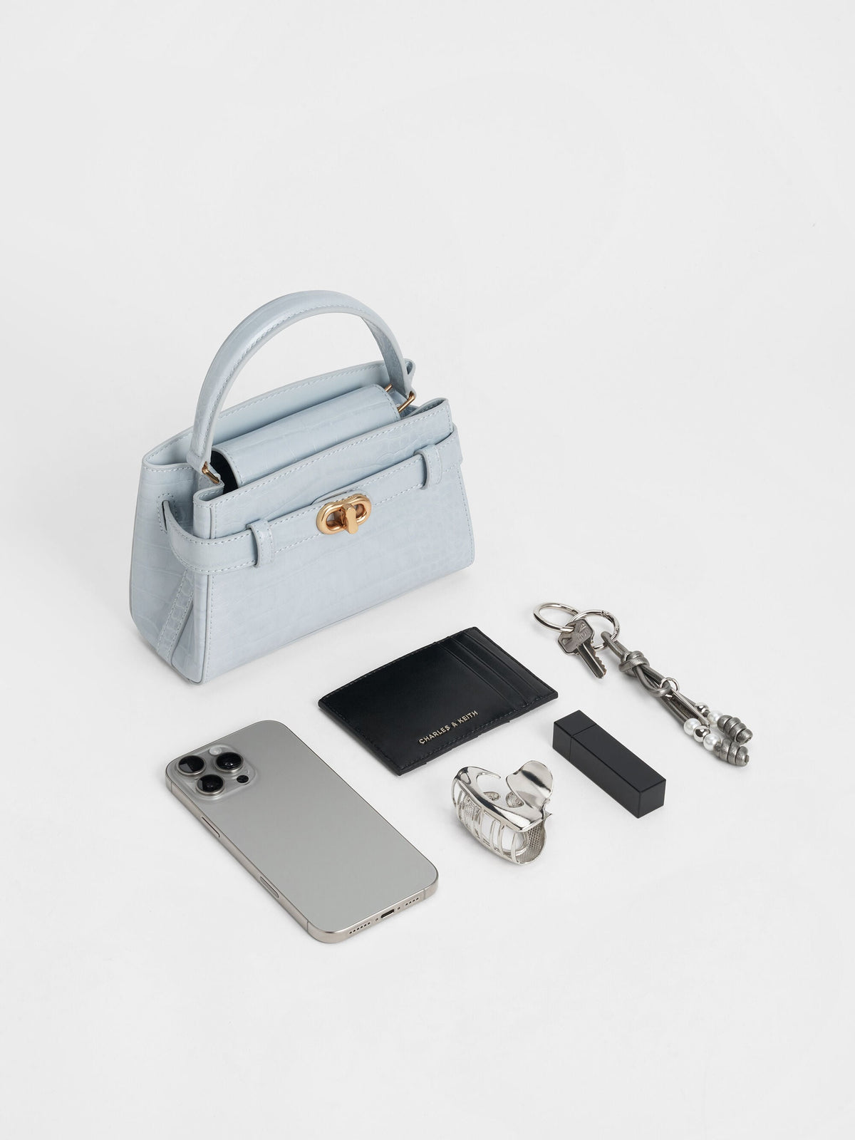 CHARLES & KEITH Value | Aubrielle Croc-Effect Belted Top Handle Bag - Sea Salt Blue