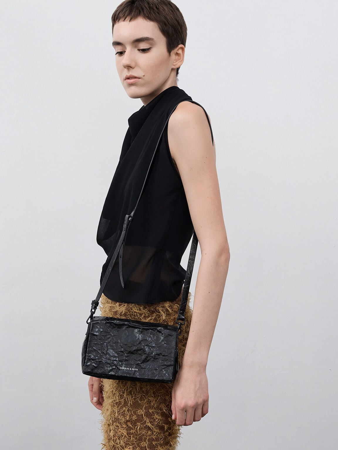 CHARLES & KEITH Exclusive | Matina Crinkle-Effect Crossbody Bag - Jet Black