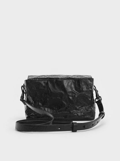 CHARLES & KEITH Exclusive | Matina Crinkle-Effect Crossbody Bag - Jet Black