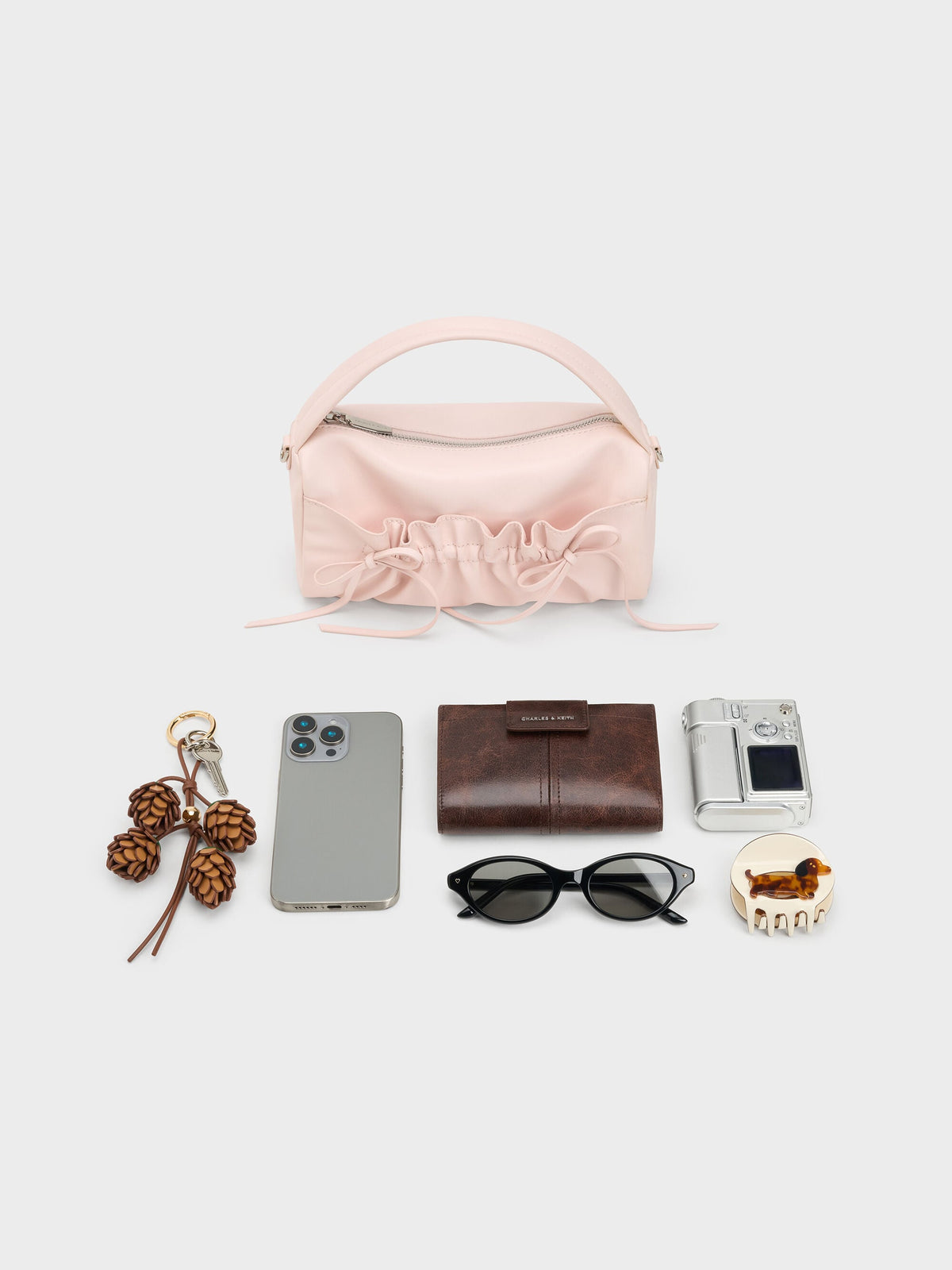 CHARLES & KEITH Popular | Reese Ruched Bow Top Handle Bag - Soft Pink