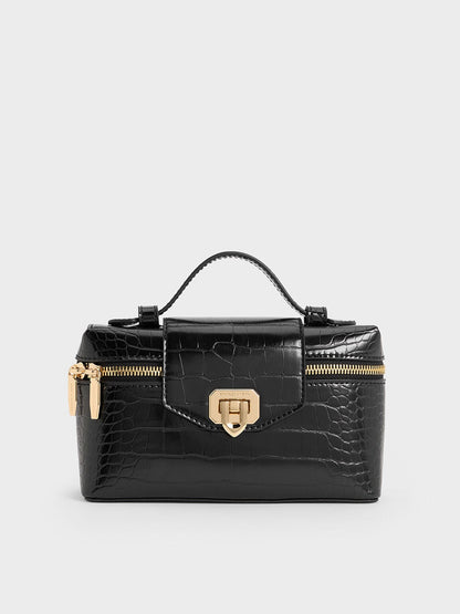 CHARLES & KEITH Trending | Arwen Croc-Effect Top Handle Vanity Bag - Black
