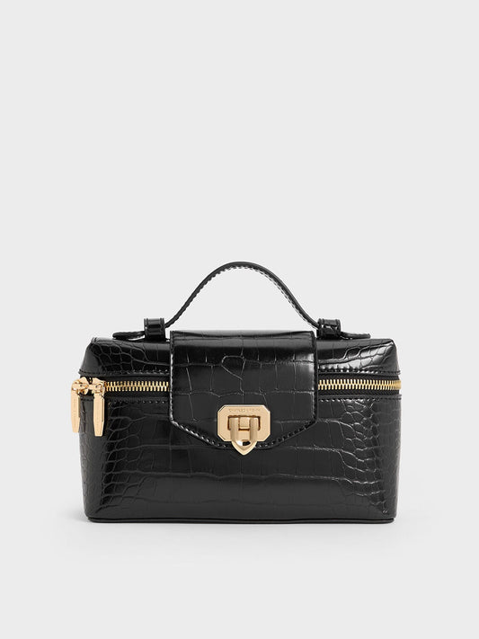 CHARLES & KEITH Trending | Arwen Croc-Effect Top Handle Vanity Bag - Black