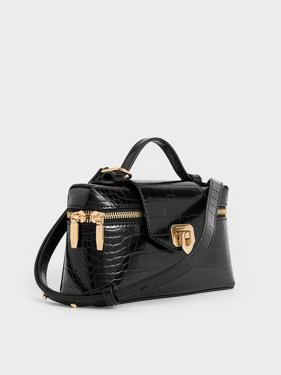 CHARLES & KEITH Trending | Arwen Croc-Effect Top Handle Vanity Bag - Black