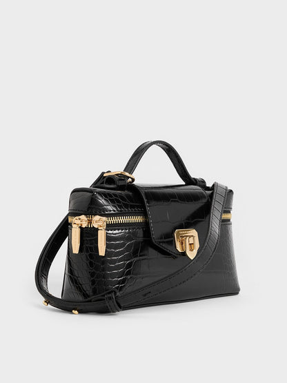 CHARLES & KEITH Trending | Arwen Croc-Effect Top Handle Vanity Bag - Black