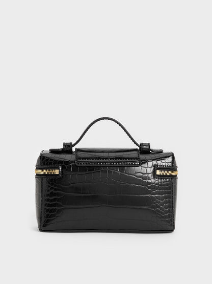 CHARLES & KEITH Trending | Arwen Croc-Effect Top Handle Vanity Bag - Black