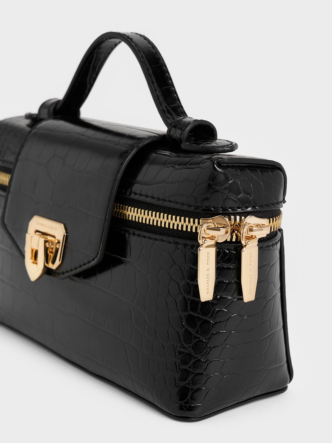 CHARLES & KEITH Trending | Arwen Croc-Effect Top Handle Vanity Bag - Black