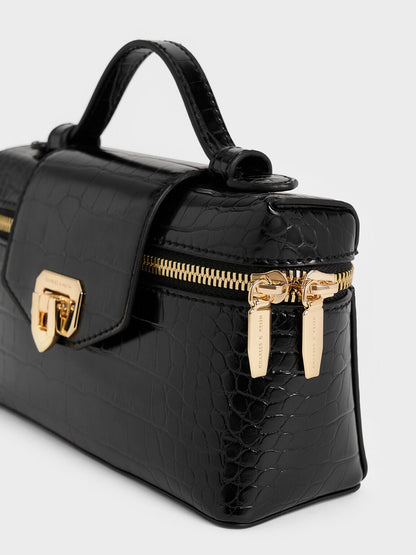 CHARLES & KEITH Trending | Arwen Croc-Effect Top Handle Vanity Bag - Black