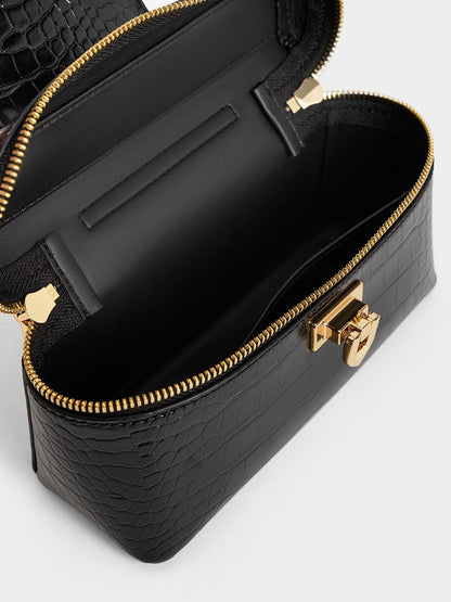 CHARLES & KEITH Trending | Arwen Croc-Effect Top Handle Vanity Bag - Black