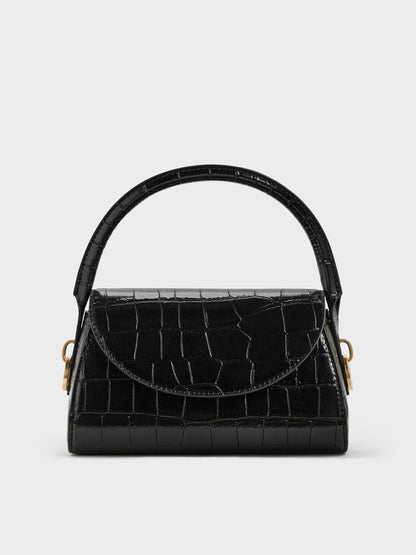 CHARLES & KEITH Signature | Kaila Croc-Effect Top Handle Bag - Black Croco