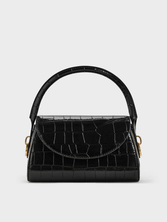 CHARLES & KEITH Signature | Kaila Croc-Effect Top Handle Bag - Black Croco