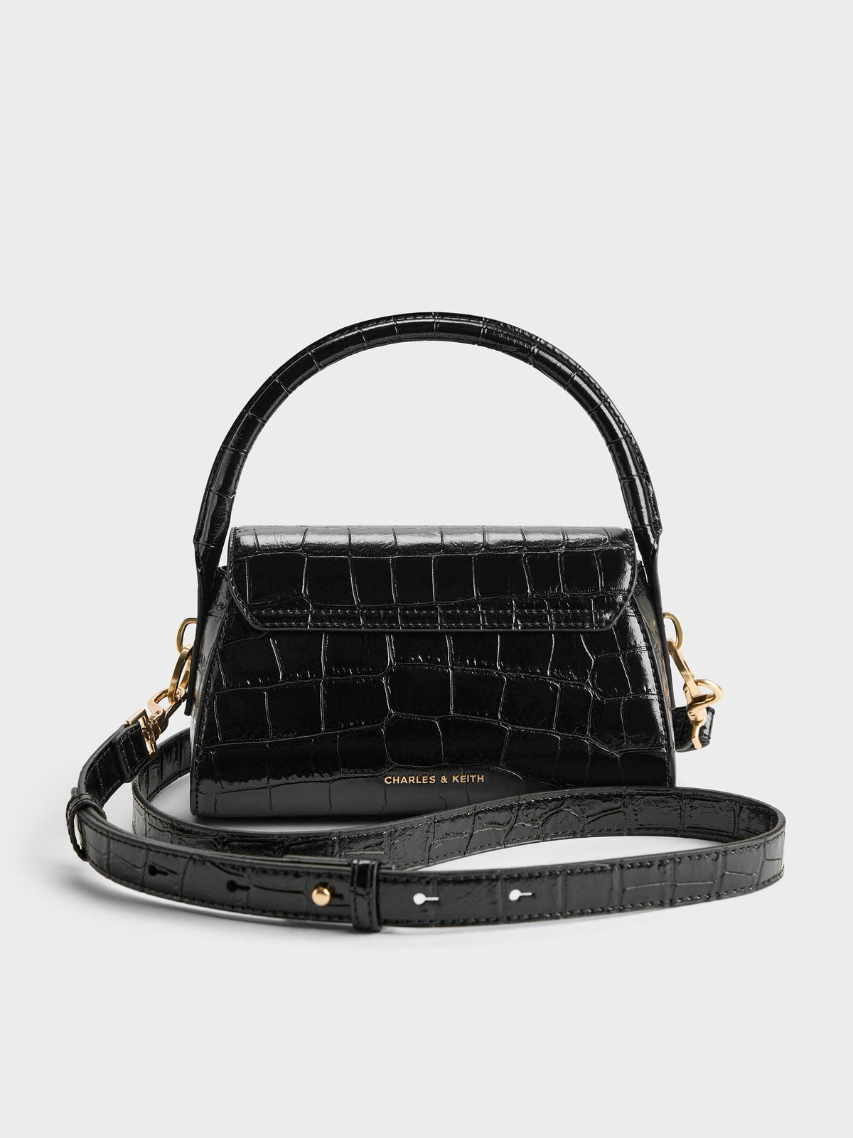 CHARLES & KEITH Signature | Kaila Croc-Effect Top Handle Bag - Black Croco