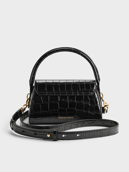 CHARLES & KEITH Signature | Kaila Croc-Effect Top Handle Bag - Black Croco