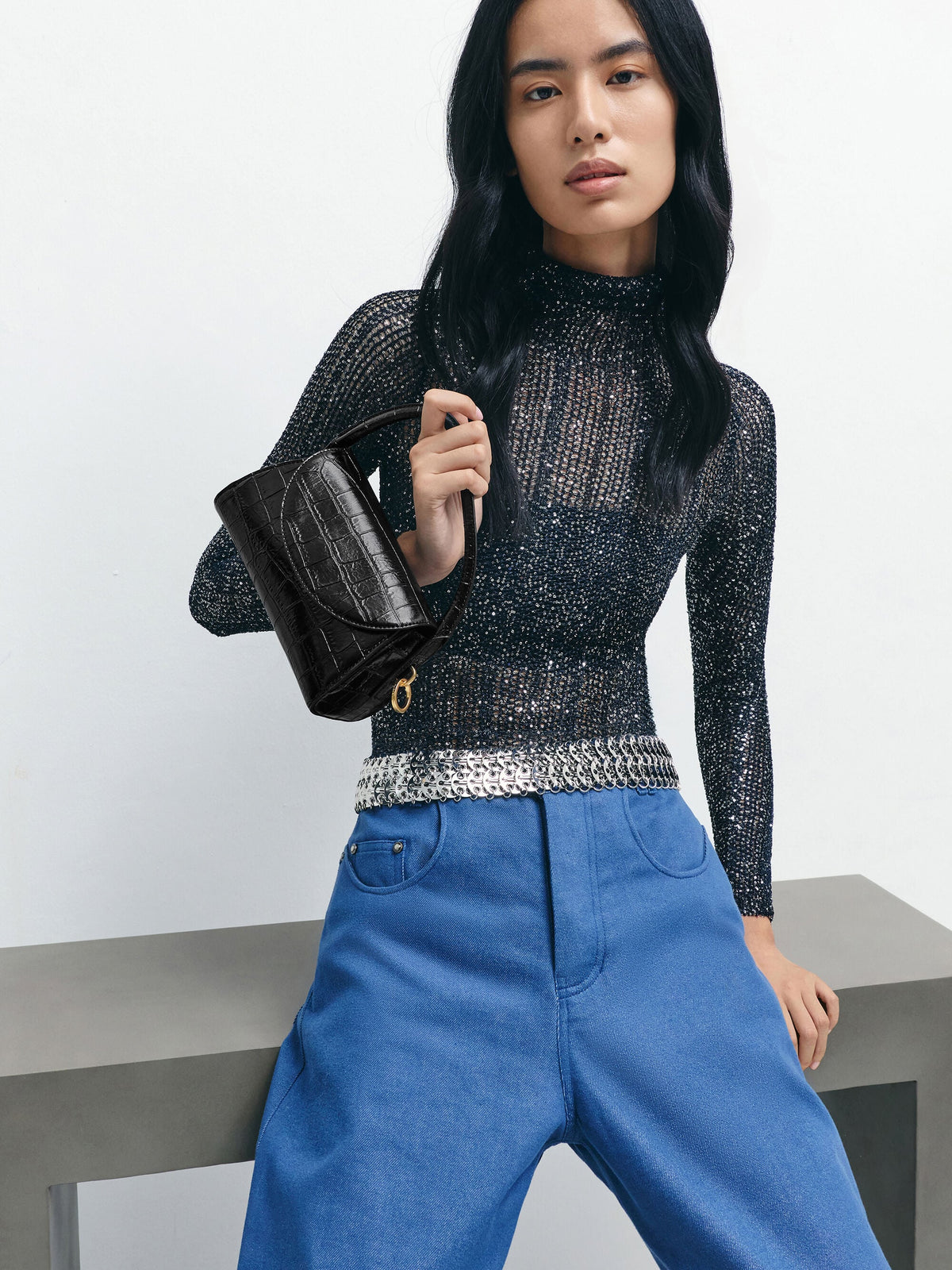 CHARLES & KEITH Signature | Kaila Croc-Effect Top Handle Bag - Black Croco