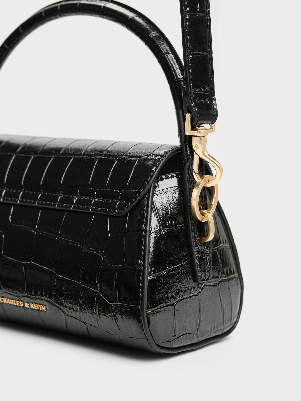 CHARLES & KEITH Signature | Kaila Croc-Effect Top Handle Bag - Black Croco