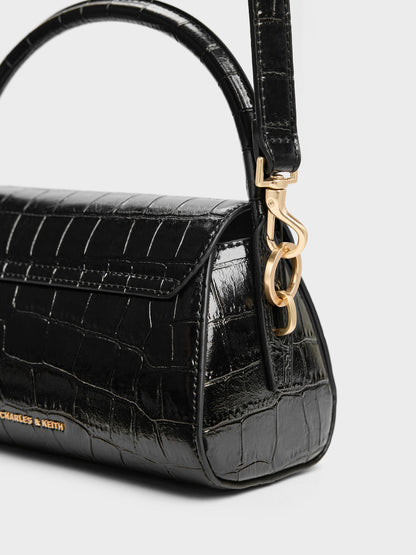 CHARLES & KEITH Signature | Kaila Croc-Effect Top Handle Bag - Black Croco