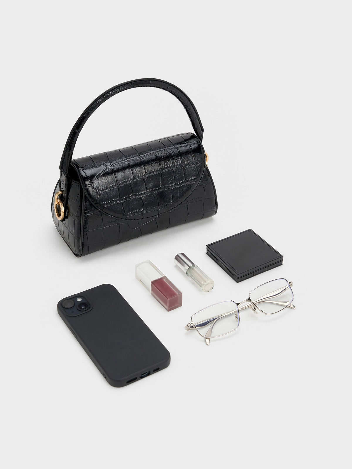 CHARLES & KEITH Signature | Kaila Croc-Effect Top Handle Bag - Black Croco