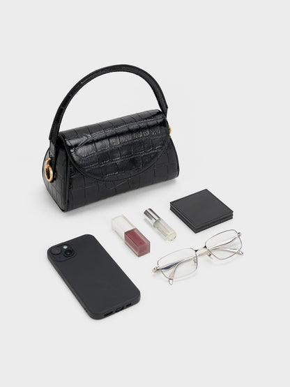 CHARLES & KEITH Signature | Kaila Croc-Effect Top Handle Bag - Black Croco