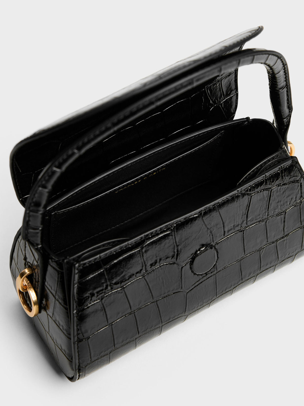 CHARLES & KEITH Signature | Kaila Croc-Effect Top Handle Bag - Black Croco