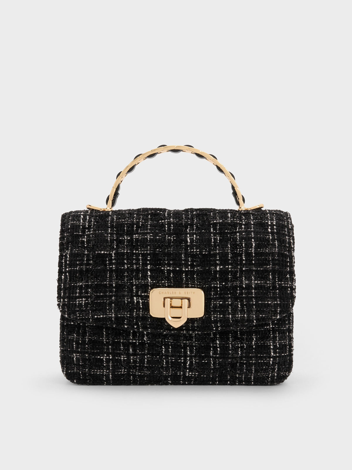 CHARLES & KEITH Popular | Cressida Tweed Quilted Top Handle Bag - Black Tweed
