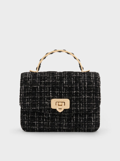 CHARLES & KEITH Popular | Cressida Tweed Quilted Top Handle Bag - Black Tweed